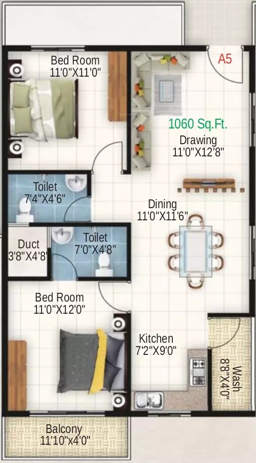 Floor plan of 2 BHK 1060 Sq. Ft. Apartment in Keystone DSR Riviera, Bangalore