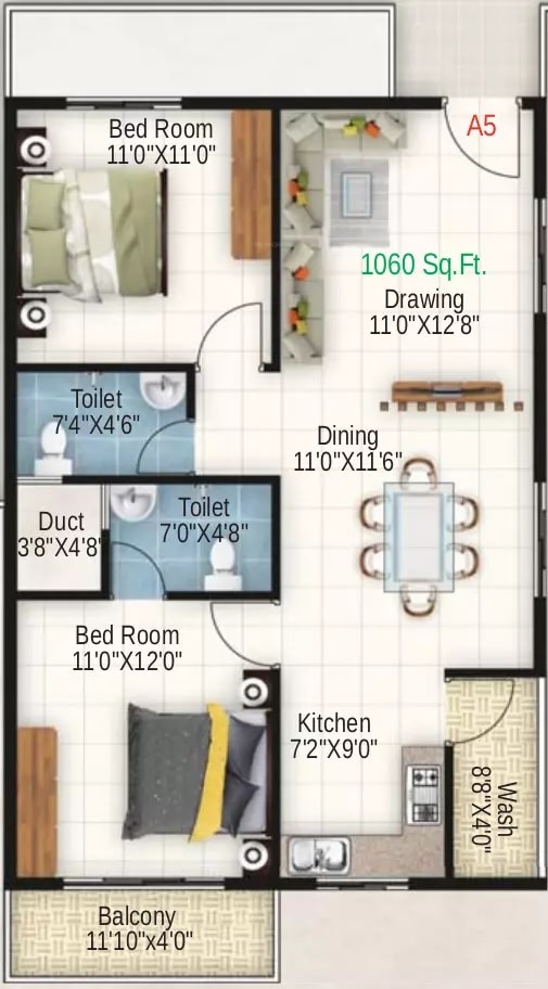 2 BHK 1060 Sq. Ft. Apartment