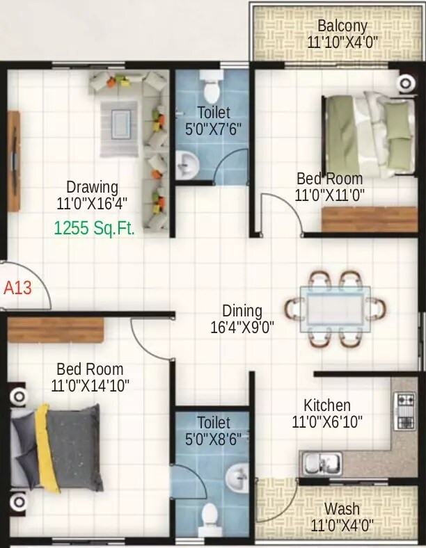 Floor plan of 2 BHK 1255 Sq. Ft. Apartment in Keystone DSR Riviera, Bangalore