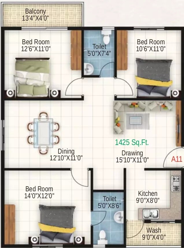 Floor plan of 3 BHK 1425 Sq. Ft. Apartment in Keystone DSR Riviera, Bangalore