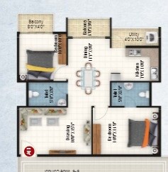 Floor plan of 2 BHK 1020 Sq. Ft. Apartment in Keystone DSR Star Light, Bangalore