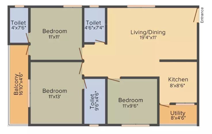 Floor plan of 3 BHK 1320 Sq. Ft. Apartment in Keystone Sai Prithvi Elite, Bangalore