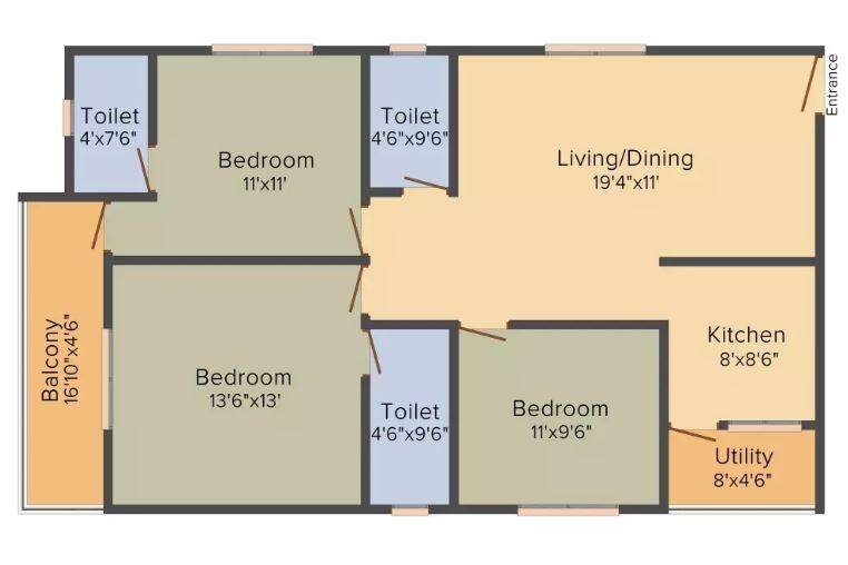 Floor plan of 3 BHK 1375 Sq. Ft. Apartment in Keystone Sai Prithvi Elite, Bangalore