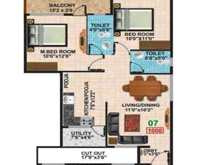 Floor plan of 2 BHK 1000 Sq. Ft. Apartment in Keystone Sarovar, Bangalore