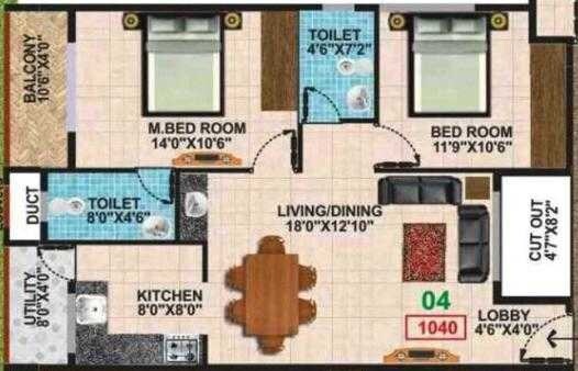 Floor plan of 2 BHK 1040 Sq. Ft. Apartment in Keystone Sarovar, Bangalore