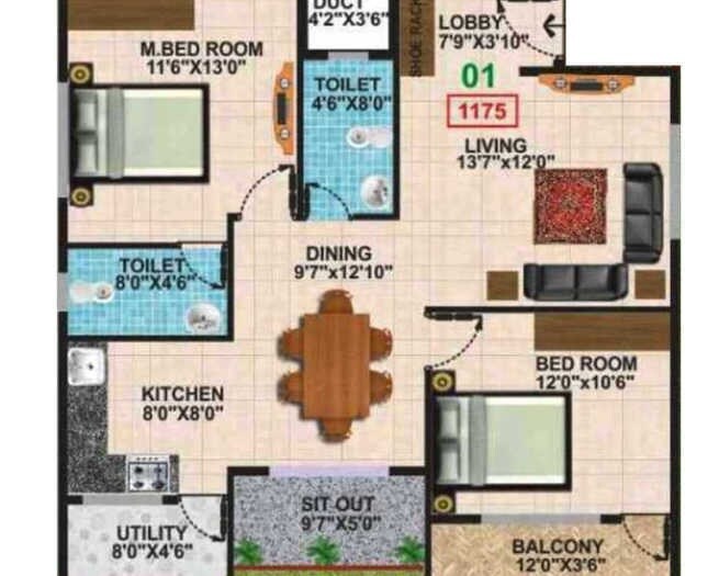 Floor plan of 2 BHK 1175 Sq. Ft. Apartment in Keystone Sarovar, Bangalore