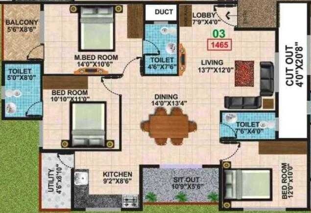 Floor plan of 3 BHK 1465 Sq. Ft. Apartment in Keystone Sarovar, Bangalore