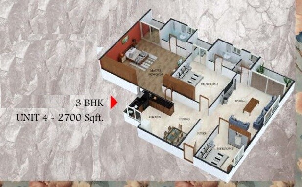 Floor plan of 3 BHK 2060 Sq. Ft. Apartment in Kings Acropolis, Bangalore