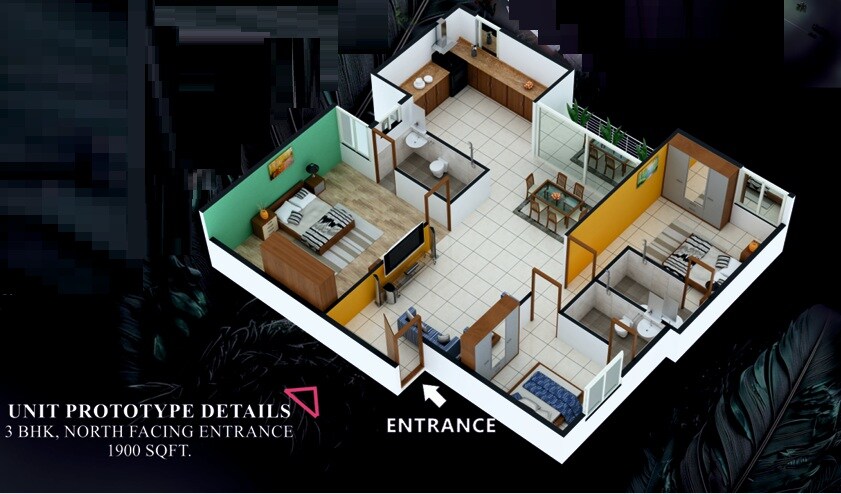 Floor plan of 3 BHK 1900 Sq. Ft. Apartment in Kings Pegasus, Bangalore