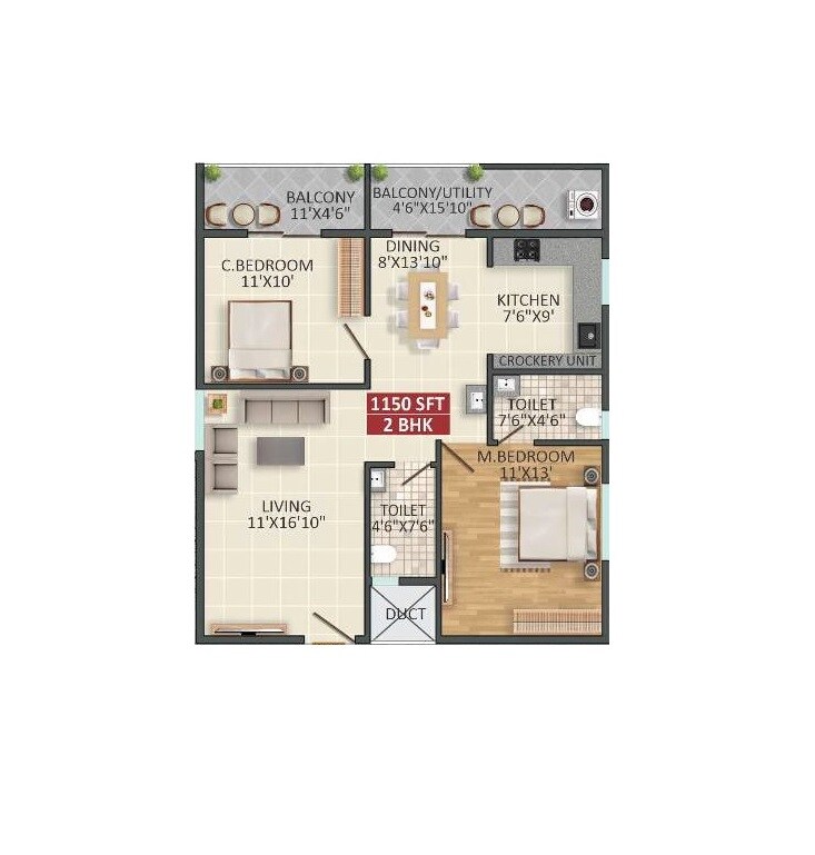 Floor plan of 2 BHK 1150 Sq. Ft. Apartment in Kingston Legacy, Bangalore