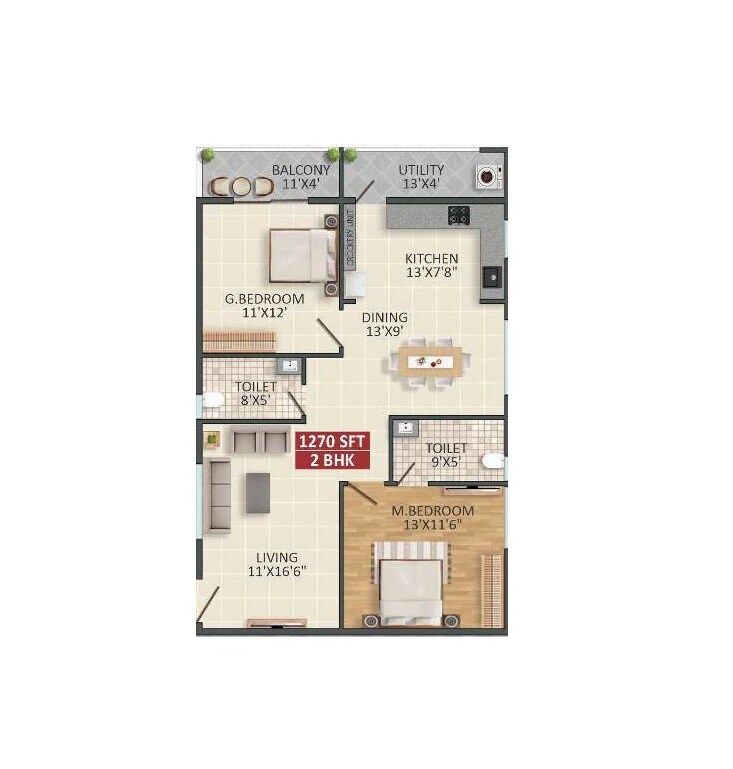 Floor plan of 2 BHK 1270 Sq. Ft. Apartment in Kingston Legacy, Bangalore
