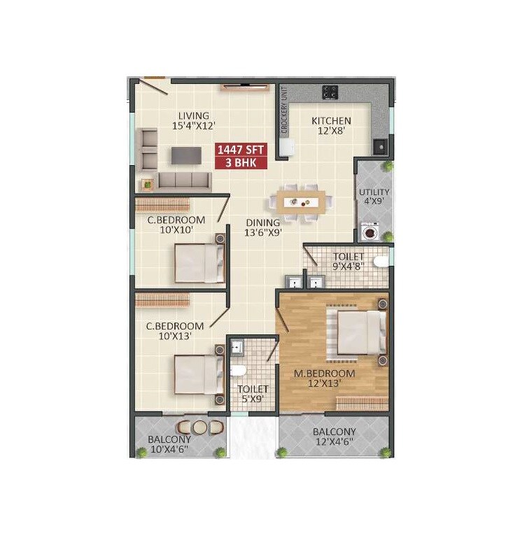 Floor plan of 3 BHK 1447 Sq. Ft. Apartment in Kingston Legacy, Bangalore