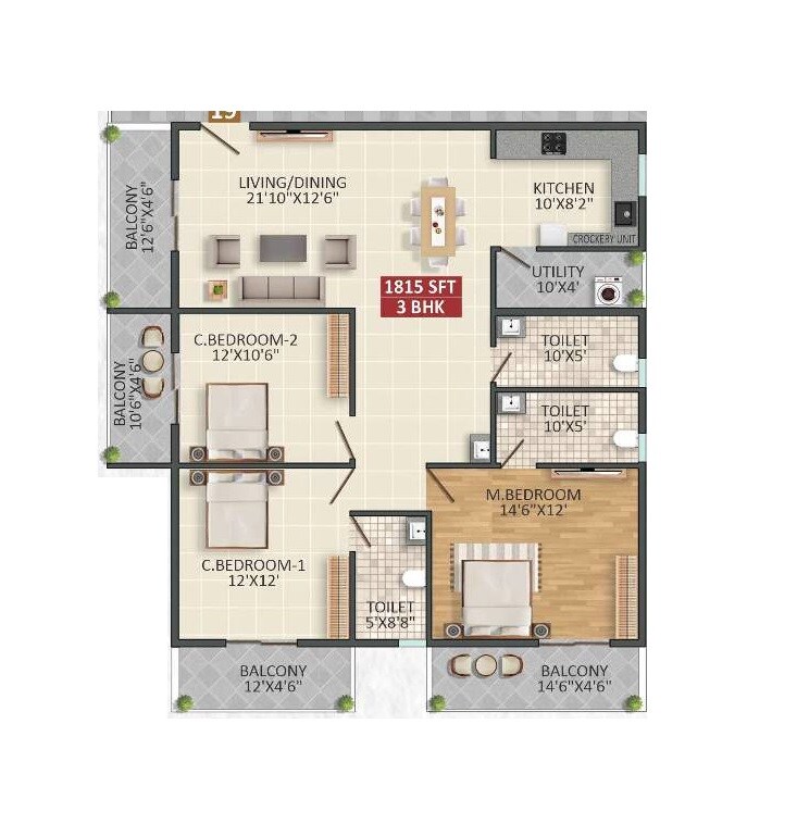 Floor plan of 3 BHK 1815 Sq. Ft. Apartment in Kingston Legacy, Bangalore