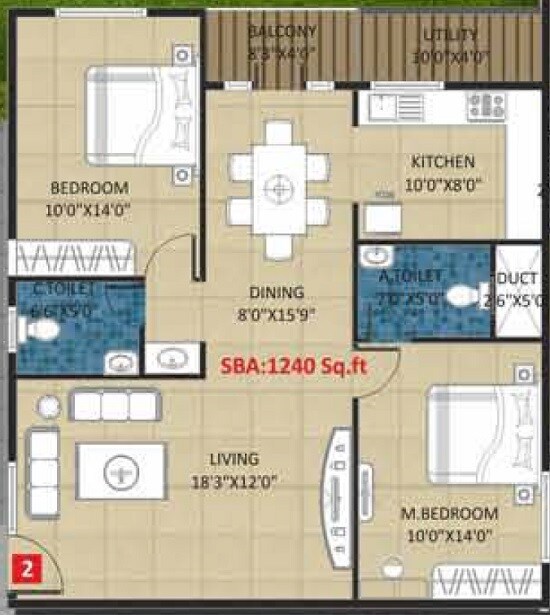 Floor plan of 2 BHK 1240 Sq. Ft. Apartment in Kingston Royale, Bangalore