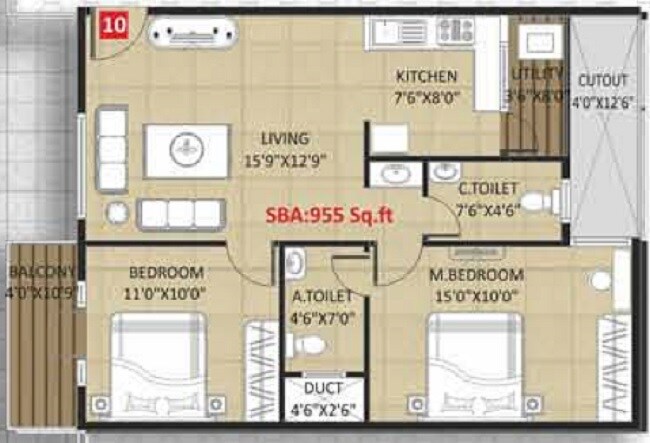 Floor plan of 2 BHK 955 Sq. Ft. Apartment in Kingston Royale, Bangalore