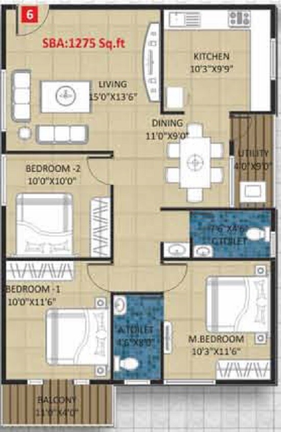 Floor plan of 3 BHK 1275 Sq. Ft. Apartment in Kingston Royale, Bangalore