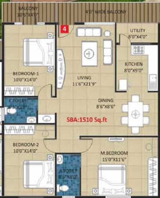 Floor plan of 3 BHK 1510 Sq. Ft. Apartment in Kingston Royale, Bangalore