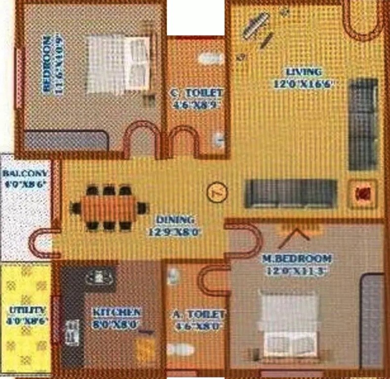 Floor plan of 2 BHK 1040 Sq. Ft. Apartment in Kishore Shiva Paradise, Bangalore