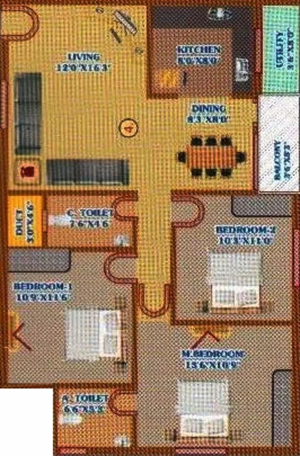 Floor plan of 3 BHK 1210 Sq. Ft. Apartment in Kishore Shiva Paradise, Bangalore