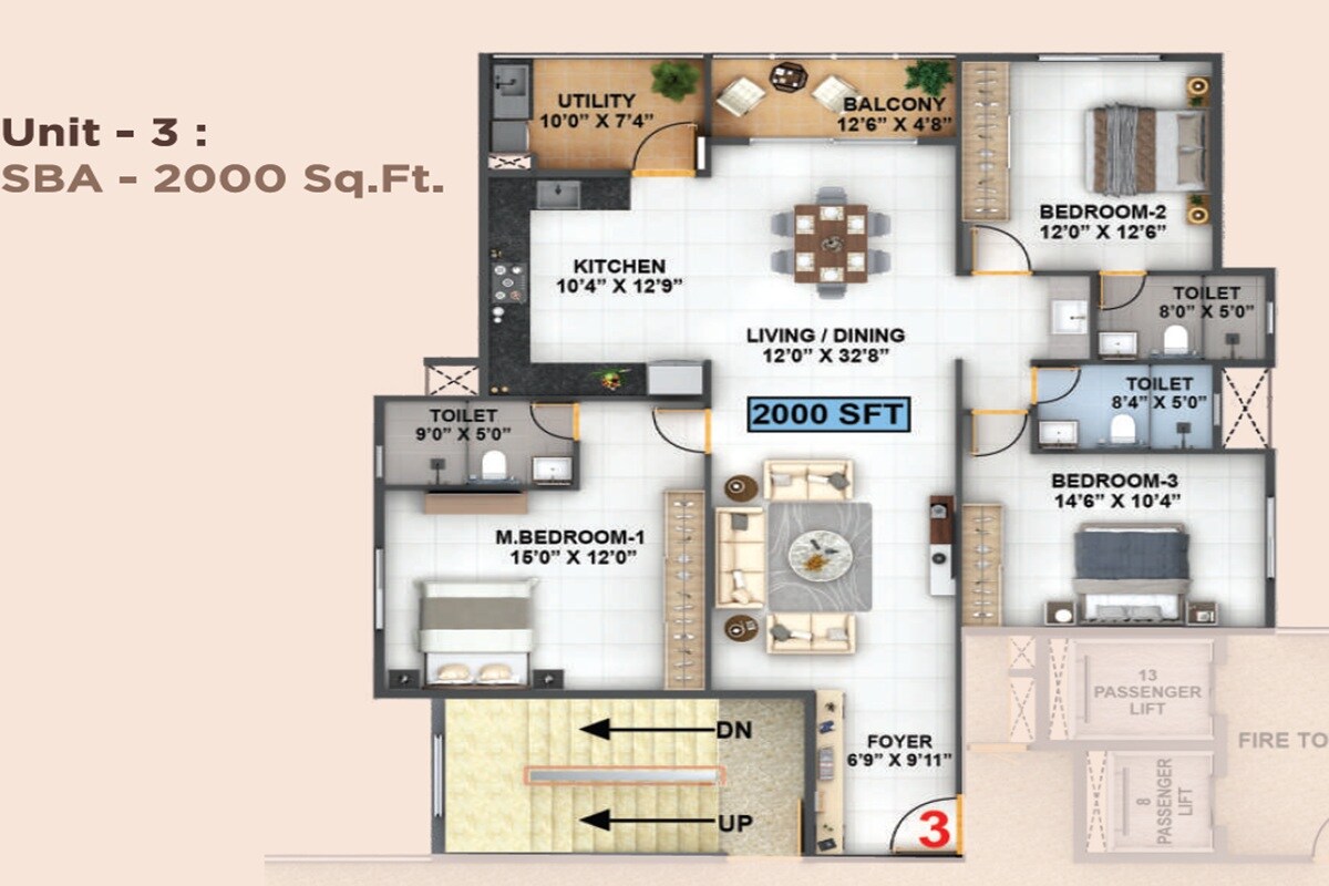 Floor plan of 3 BHK 2000 Sq. Ft. Apartment in Klassik Exotica, Bangalore