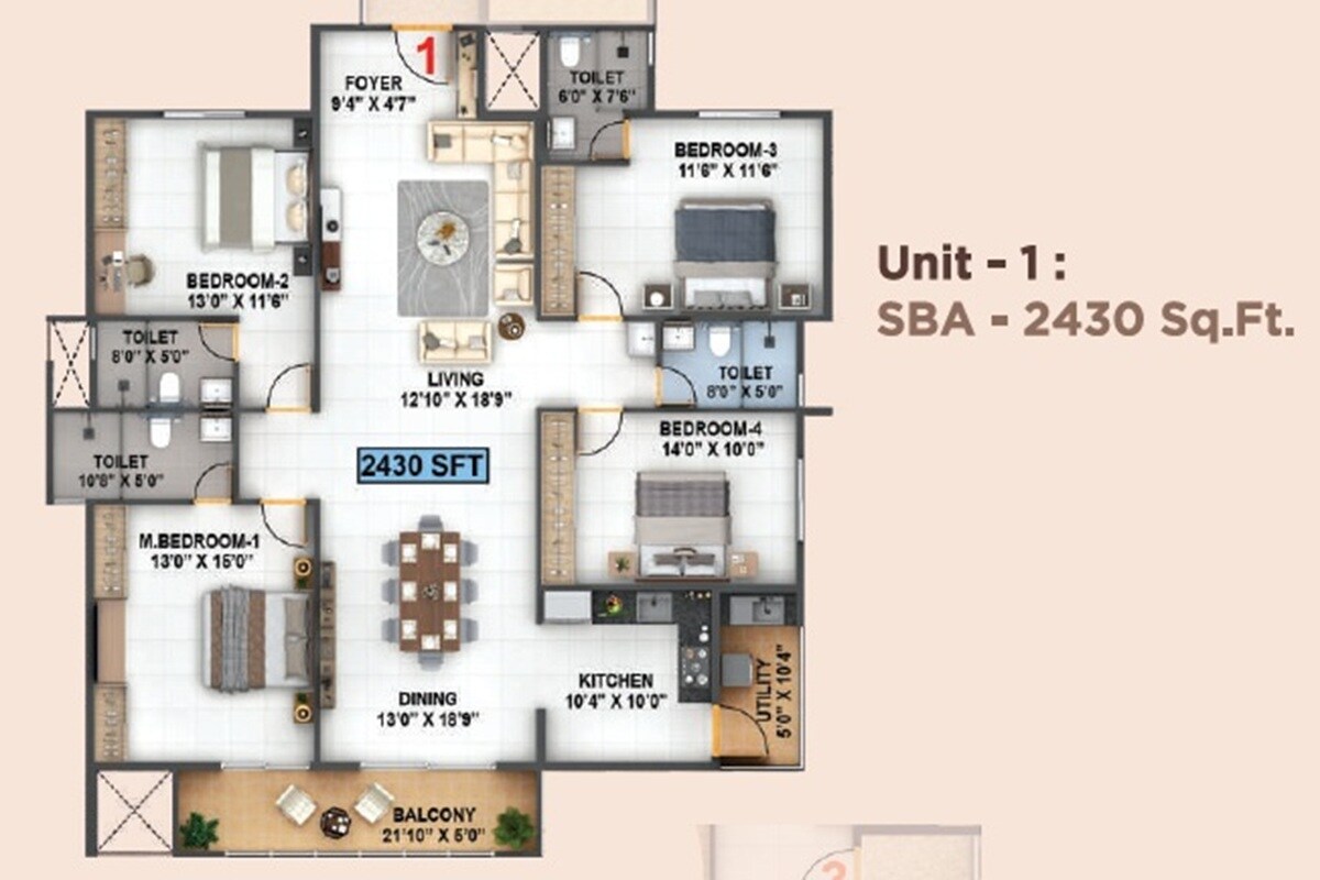 Floor plan of 4 BHK 2430 Sq. Ft. Apartment in Klassik Exotica, Bangalore