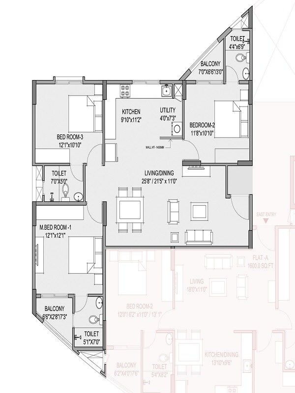 Floor plan of 3 BHK 1691 Sq. Ft. Apartment in Klassik Landmark, Bangalore