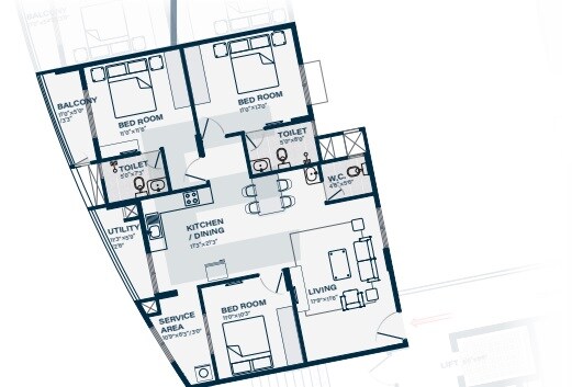 Floor plan of 3 BHK 2026 Sq. Ft. Apartment in Klassik Landmark, Bangalore