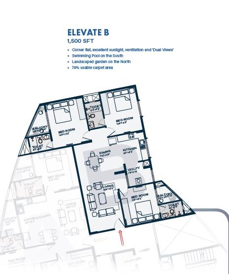 Floor plan of 3 BHK 1500 Sq. Ft. Apartment in Klassik Landmark, Bangalore