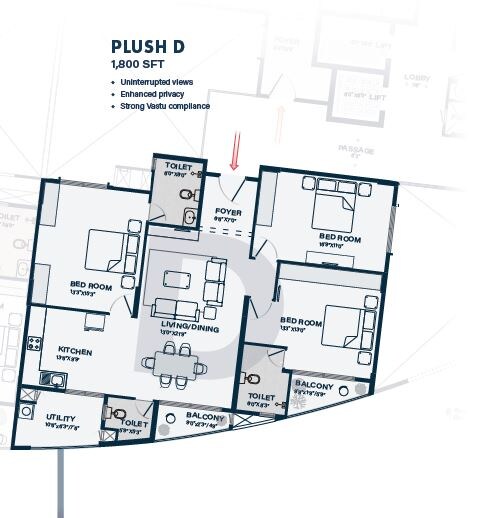 Floor plan of 3 BHK 1800 Sq. Ft. Apartment in Klassik Landmark, Bangalore