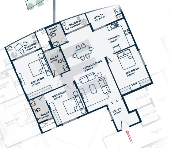 Floor plan of 3 BHK 1819 Sq. Ft. Apartment in Klassik Landmark, Bangalore