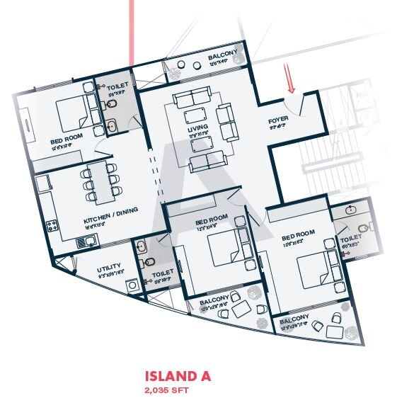 Floor plan of 3 BHK 2035 Sq. Ft. Apartment in Klassik Landmark, Bangalore