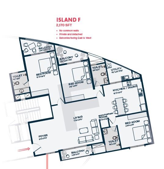 Floor plan of 3 BHK 2170 Sq. Ft. Apartment in Klassik Landmark, Bangalore