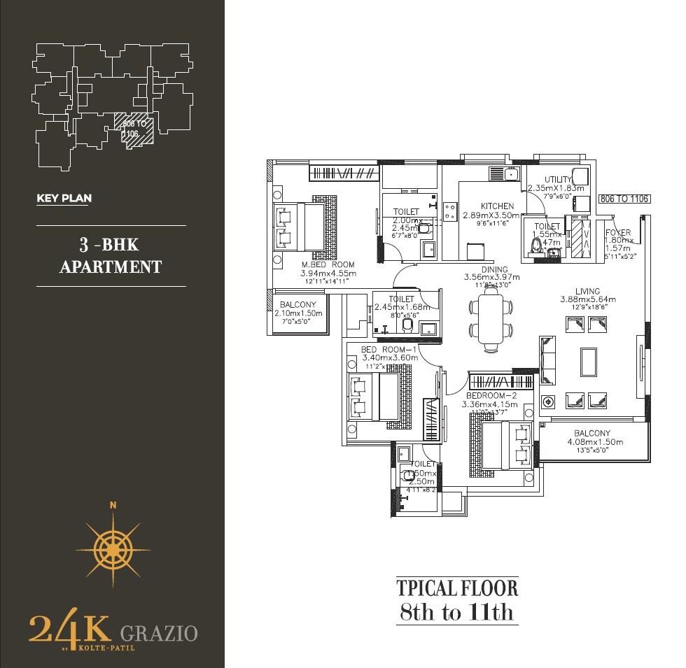 Floor plan of 3 BHK 1908 Sq. Ft. Apartment in Kolte Patil 24K Grazio, Bangalore