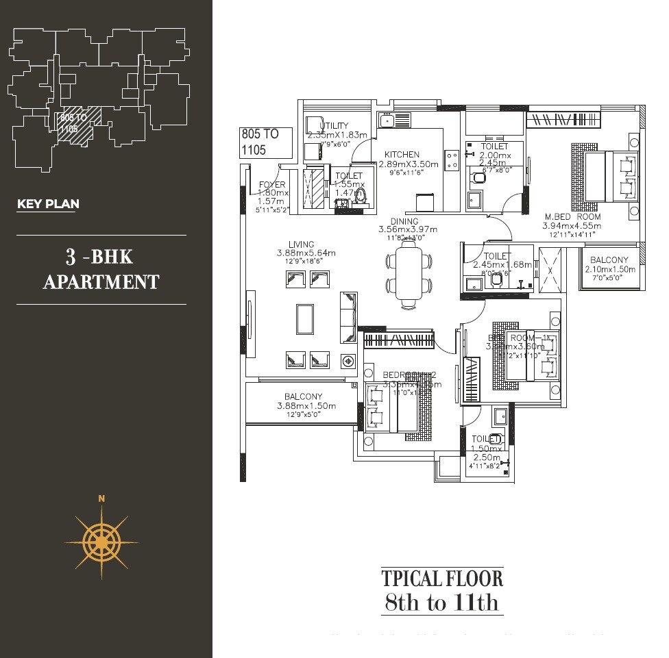 Floor plan of 3 BHK 1961 Sq. Ft. Apartment in Kolte Patil 24K Grazio, Bangalore