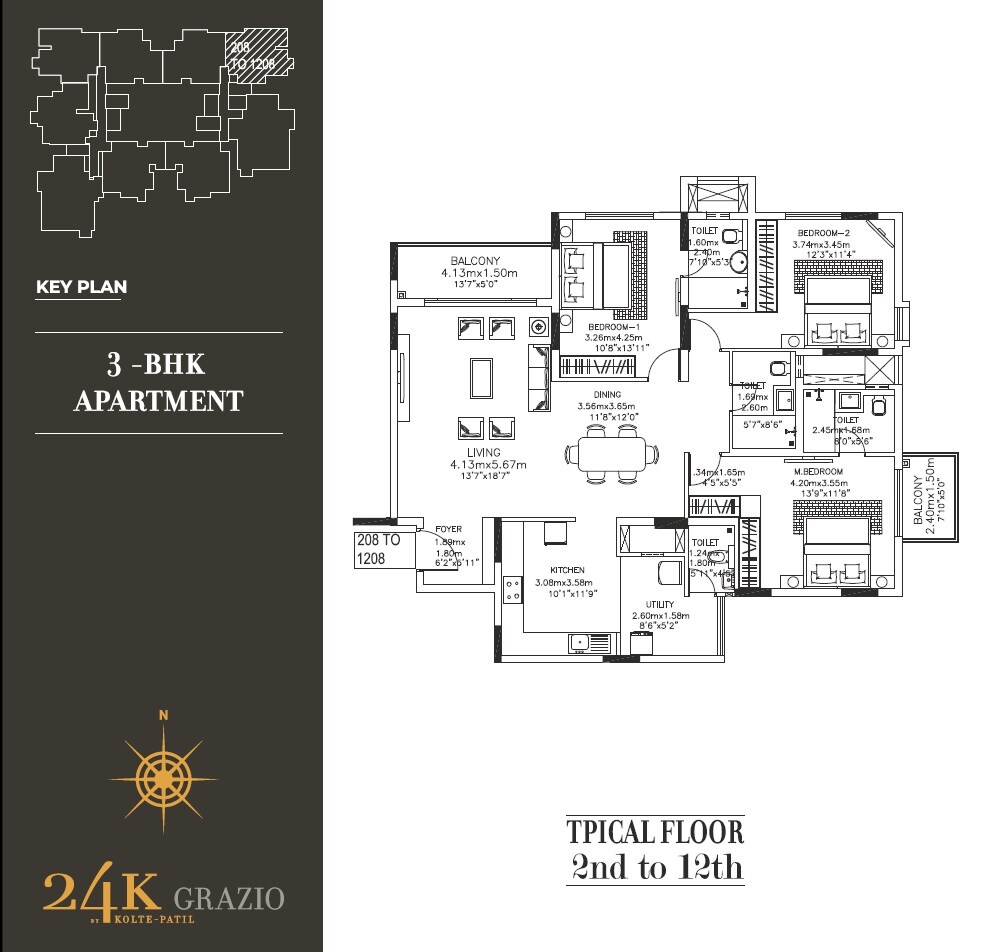 Floor plan of 3 BHK 2024 Sq. Ft. Apartment in Kolte Patil 24K Grazio, Bangalore