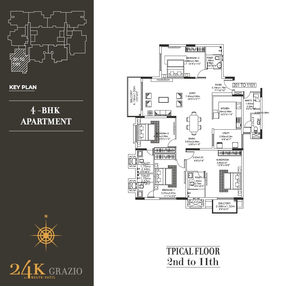 Floor plan of 3 BHK 2810 Sq. Ft. Apartment in Kolte Patil 24K Grazio, Bangalore