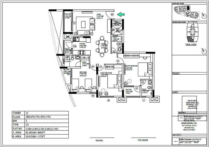 Floor plan of 3 BHK 1504 Sq. Ft. Apartment in Kolte Patil Mirabilis, Bangalore