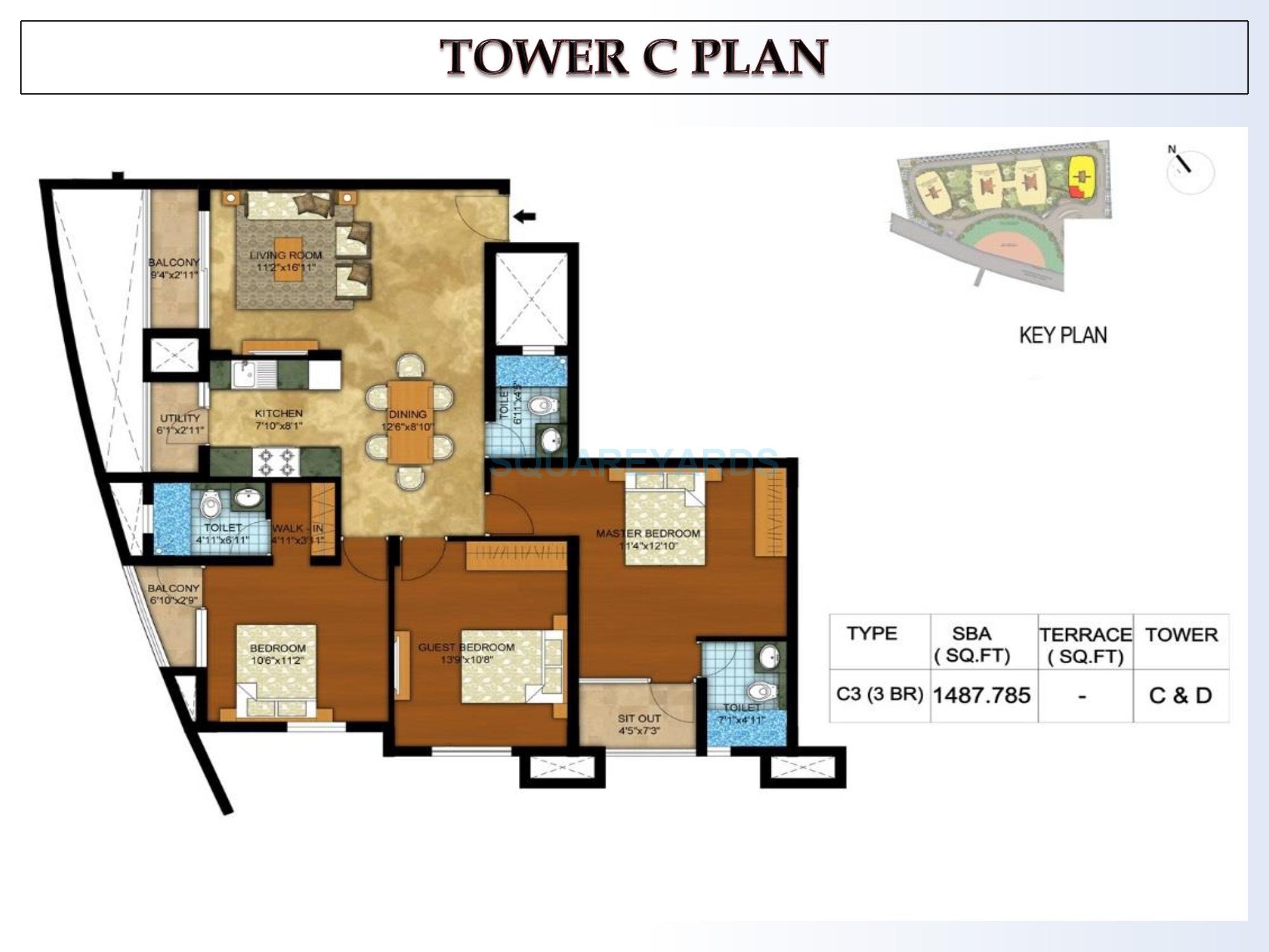 Floor plan of 3 BHK 1498 Sq. Ft. Apartment in Kolte Patil Mirabilis, Bangalore