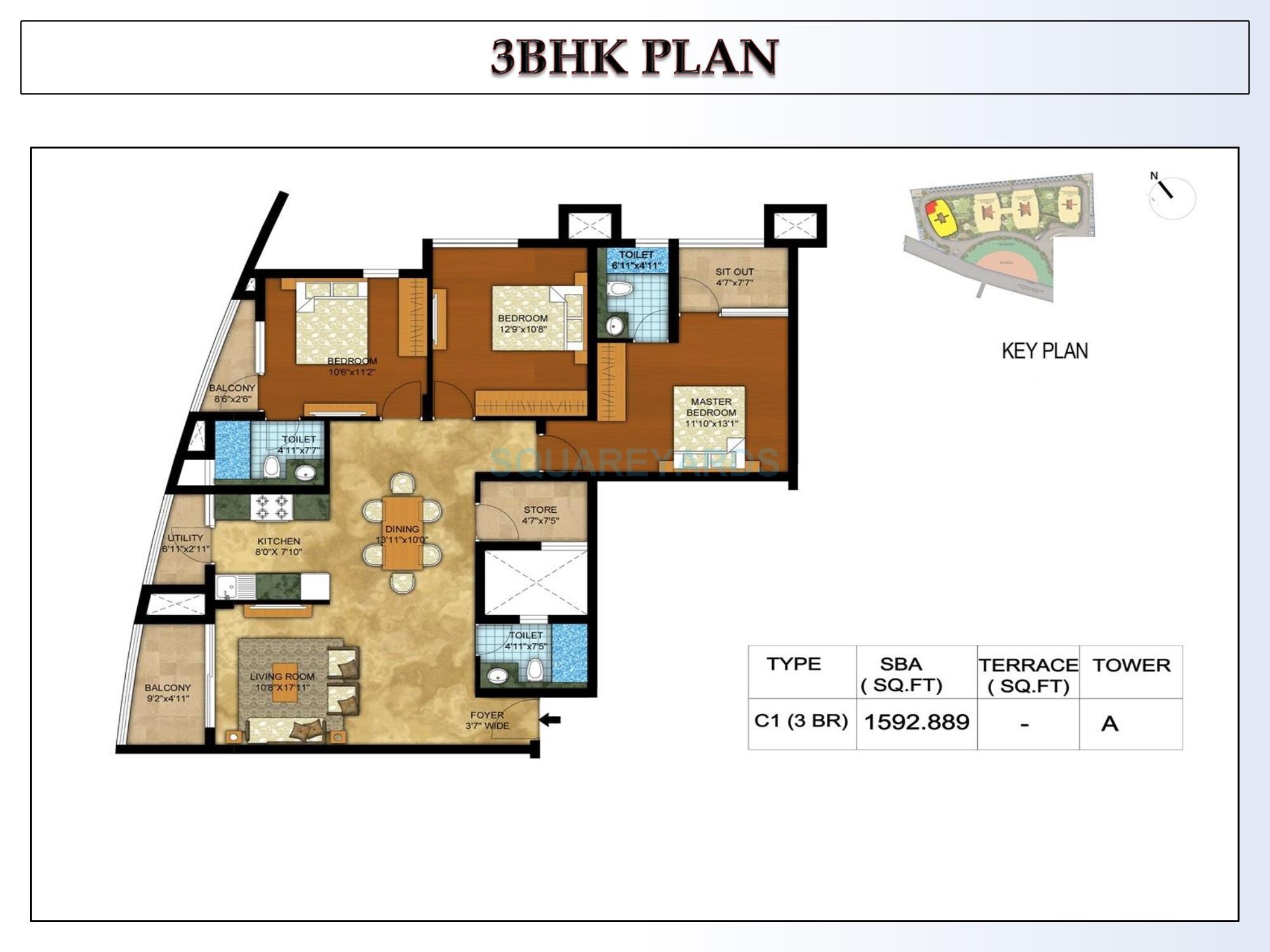 Floor plan of 3 BHK 1600 Sq. Ft. Apartment in Kolte Patil Mirabilis, Bangalore