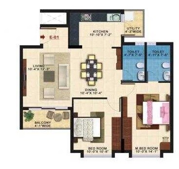 Floor plan of 2 BHK 973 Sq. Ft. Apartment in Kolte Patil Raaga, Bangalore