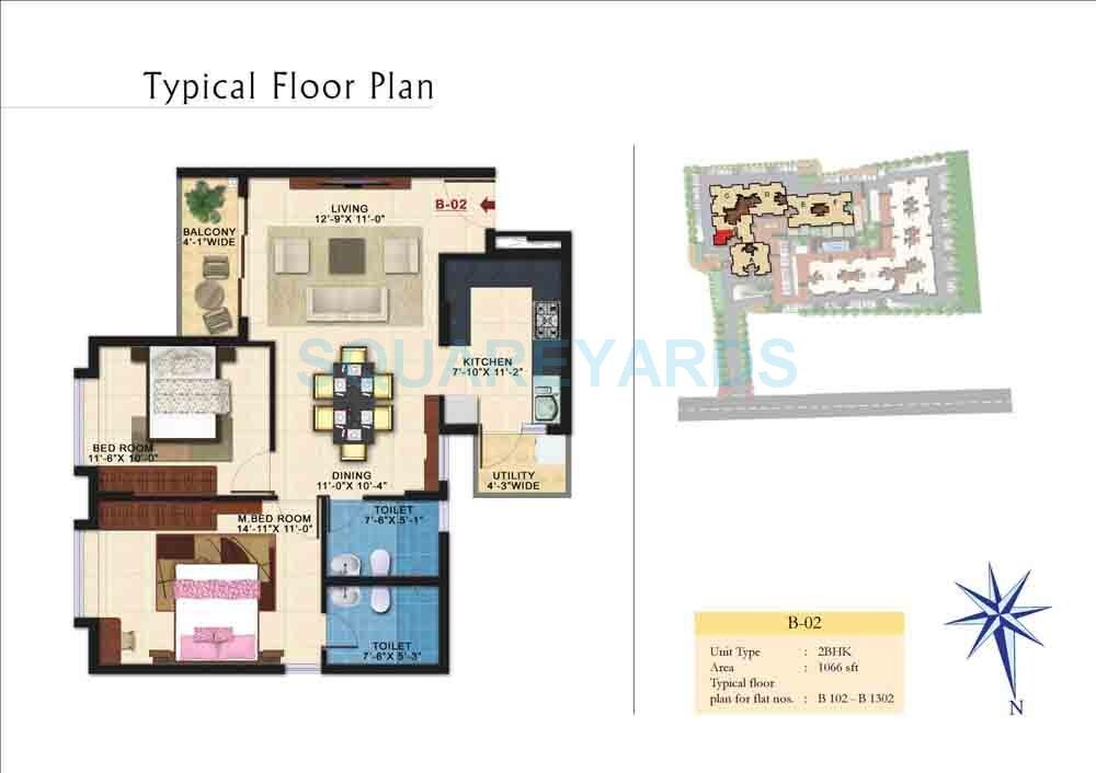 Floor plan of 2 BHK 1066 Sq. Ft. Apartment in Kolte Patil Raaga, Bangalore