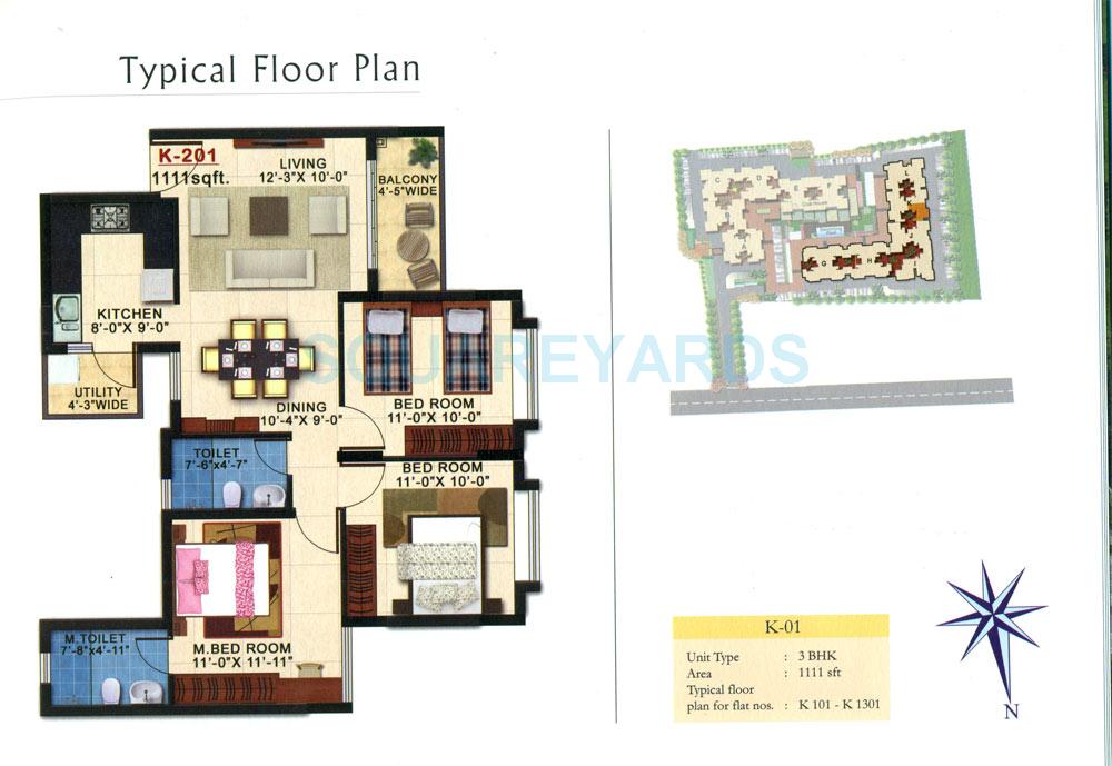 Floor plan of 3 BHK 1111 Sq. Ft. Apartment in Kolte Patil Raaga, Bangalore
