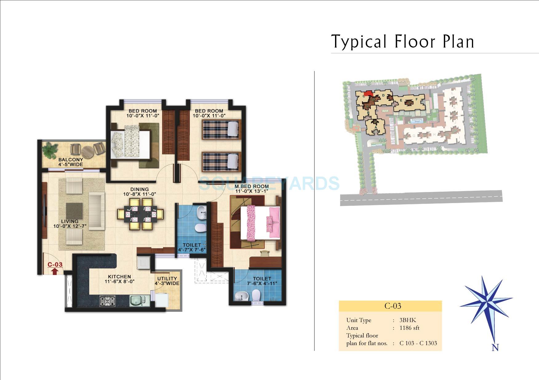 Floor plan of 3 BHK 1186 Sq. Ft. Apartment in Kolte Patil Raaga, Bangalore