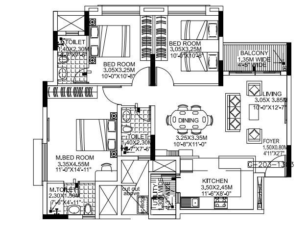 Floor plan of 3 BHK 1256 Sq. Ft. Apartment in Kolte Patil Raaga, Bangalore
