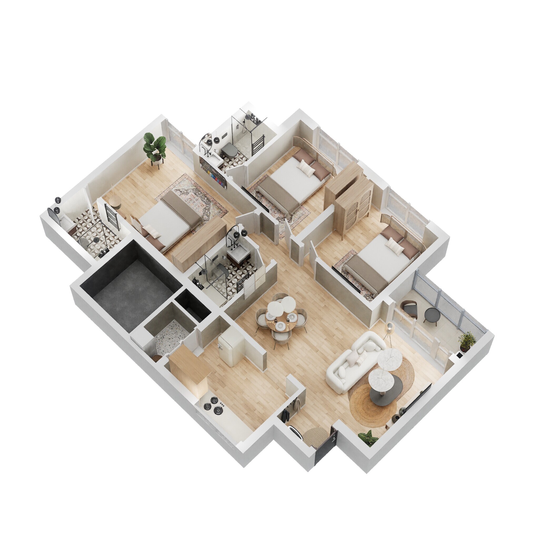 Floor plan of 3 BHK Apartment - 770 sq. ft. in Kolte Patil Raaga Phase II, Bangalore