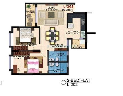 Floor plan of 2 BHK 1000 Sq. Ft. Apartment in Kolte Patil Shubha, Bangalore