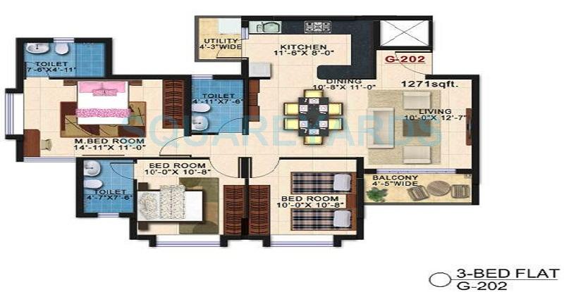 Floor plan of 3 BHK 1880 Sq. Ft. Apartment in Kolte Patil Shubha, Bangalore