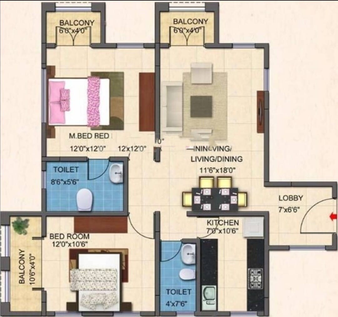 Floor plan of 2 BHK 1080 Sq. Ft. Apartment in Kolte Patil Whispering Meadows, Bangalore