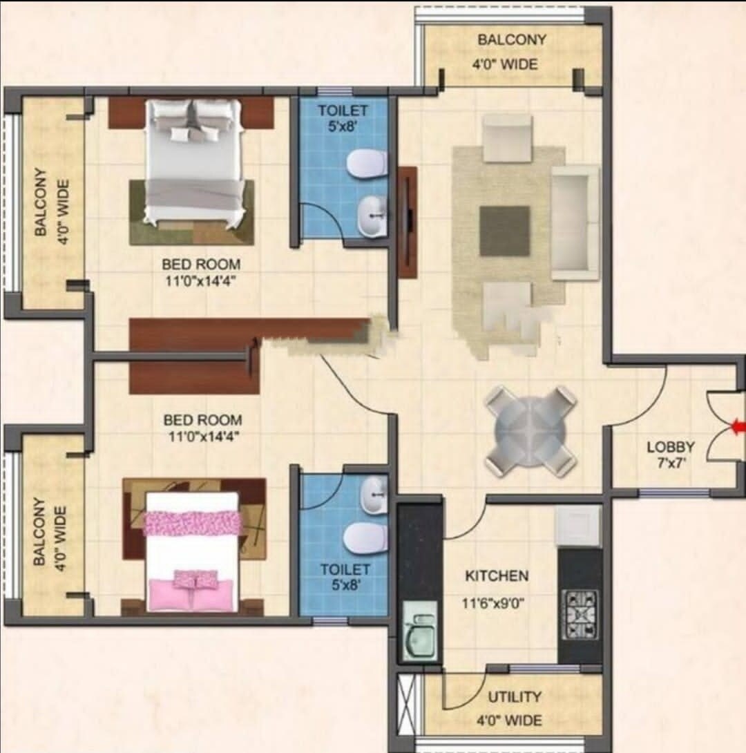 Floor plan of 2 BHK 1366 Sq. Ft. Apartment in Kolte Patil Whispering Meadows, Bangalore