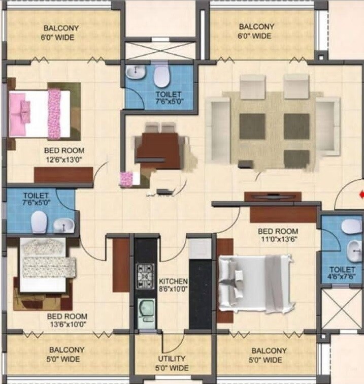 Floor plan of 3 BHK 1887 Sq. Ft. Apartment in Kolte Patil Whispering Meadows, Bangalore